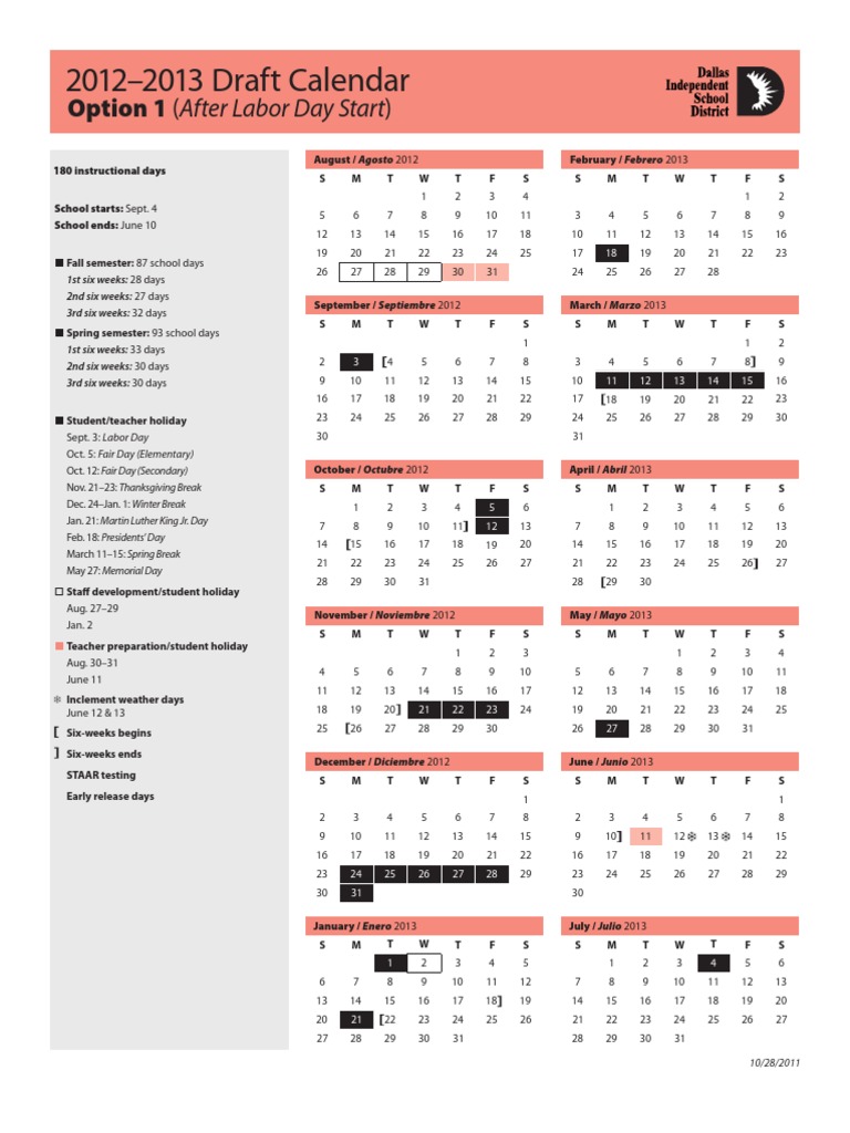 DISD Options For 20122013 School Year Calendar PDF Academic Term