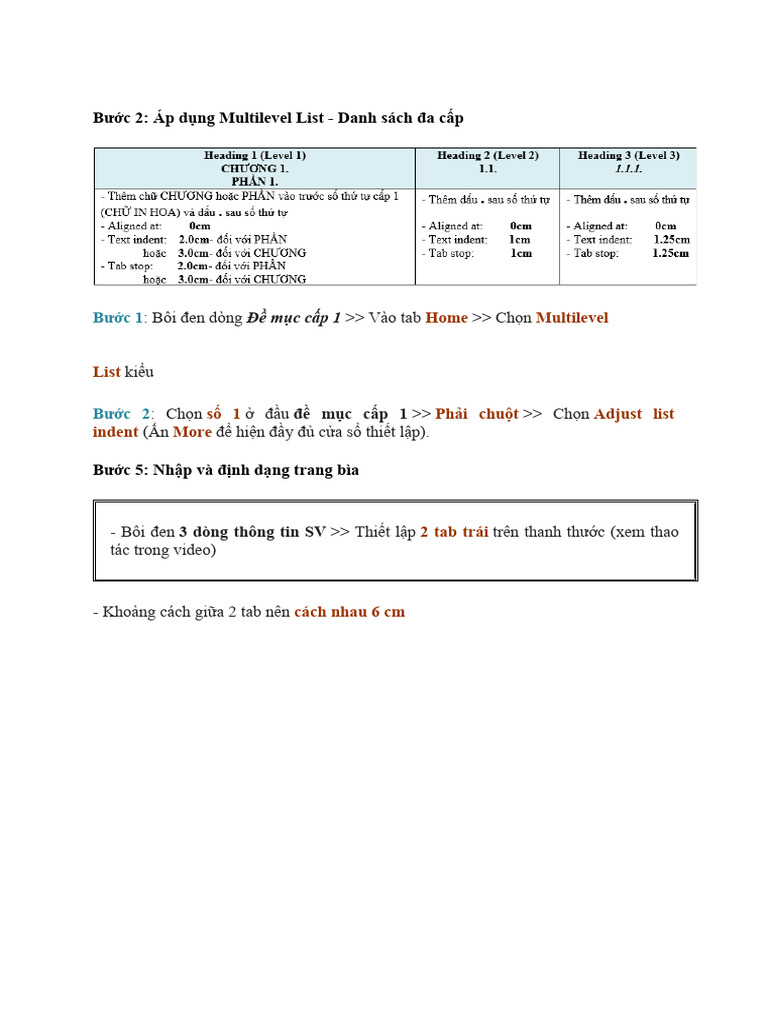 Bước 2: Áp dụng Multilevel List - Danh sách đa cấp | PDF