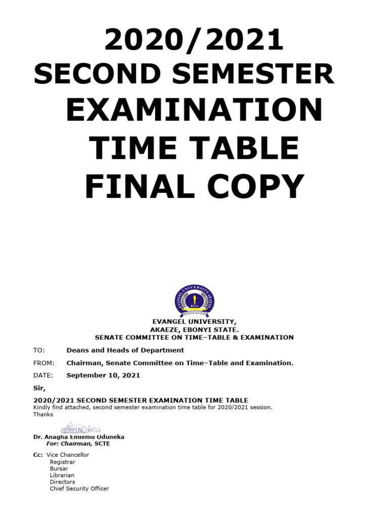 Evangel University Exam Timetable 2021 | PDF