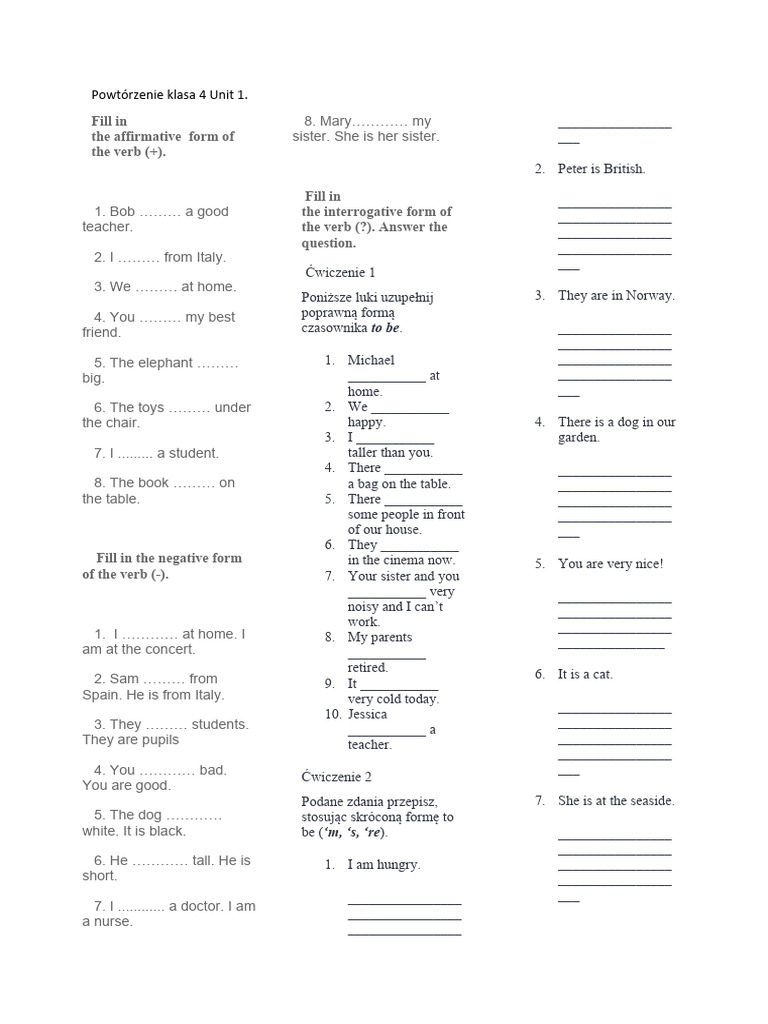 Powtórzenie Klasa 4 Unit 1 | PDF