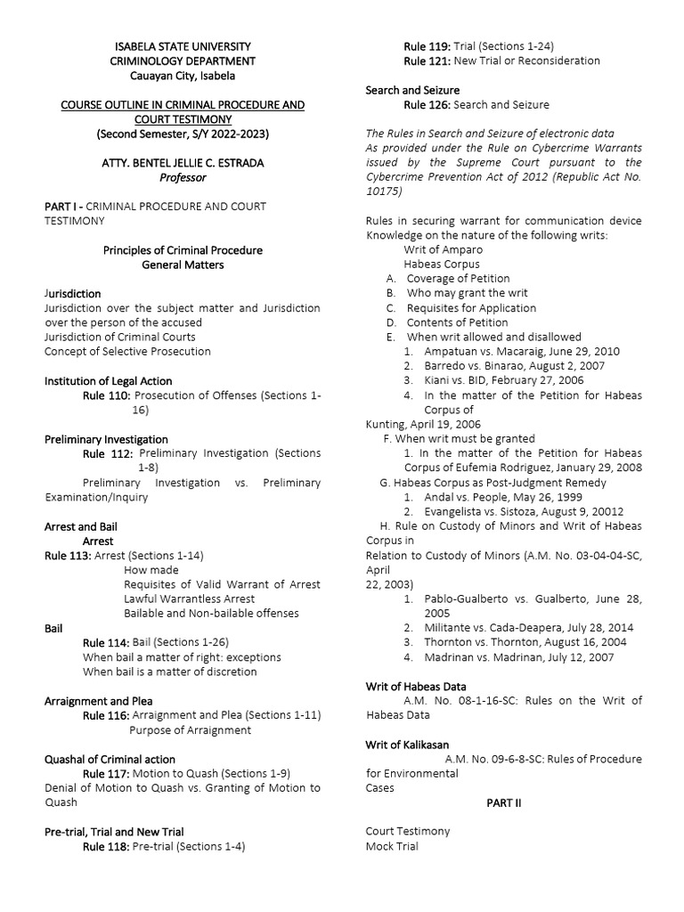 Criminal Procedure Course Outline 2022-2023 | PDF | Jurisdiction ...