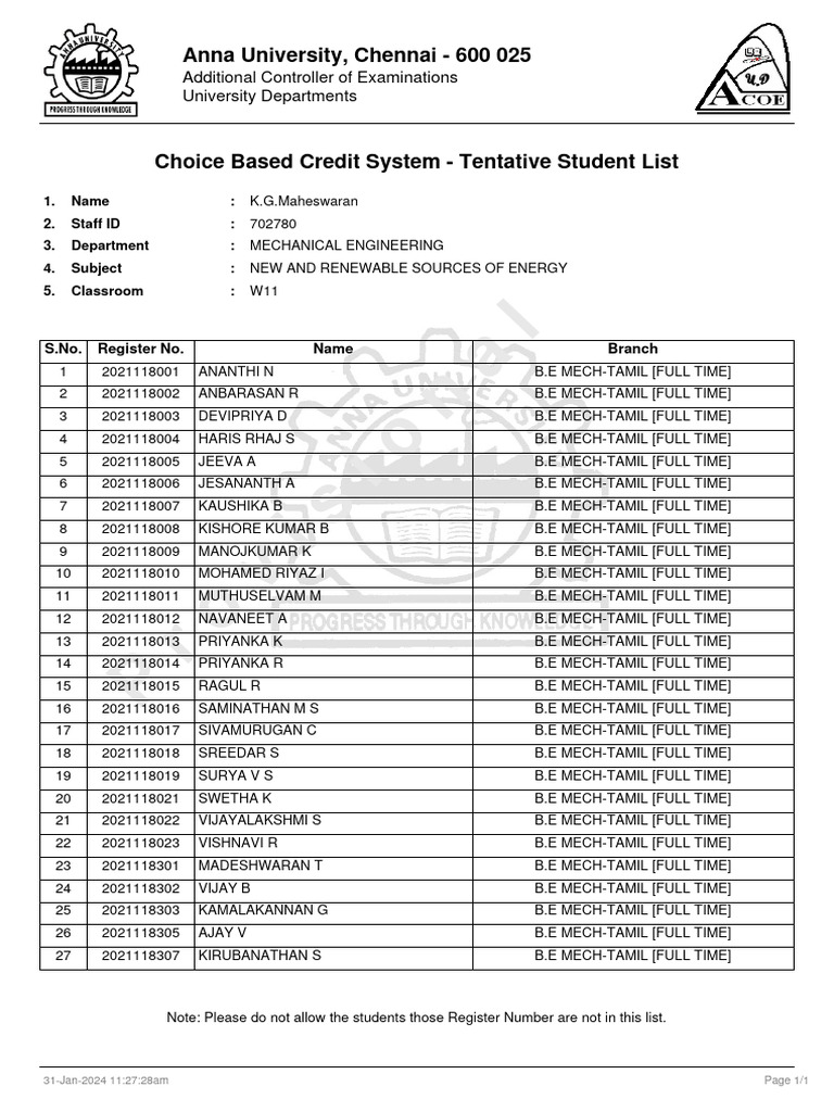 Anna University Mechanical Engineering Student List | PDF
