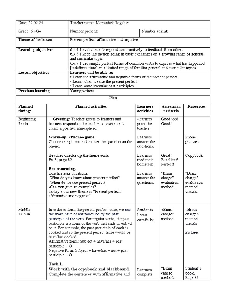 29.02.24. 6Г 40мин. present perfect affirmative and negative | PDF ...
