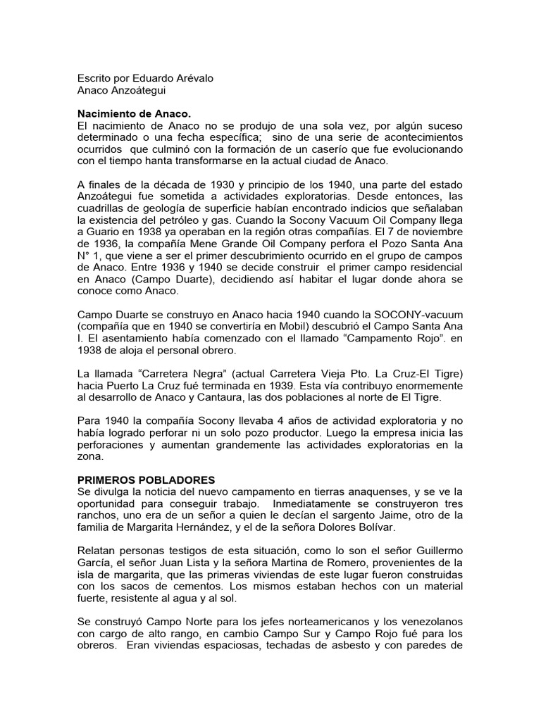 Historia y evolución de Anaco, Venezuela | PDF