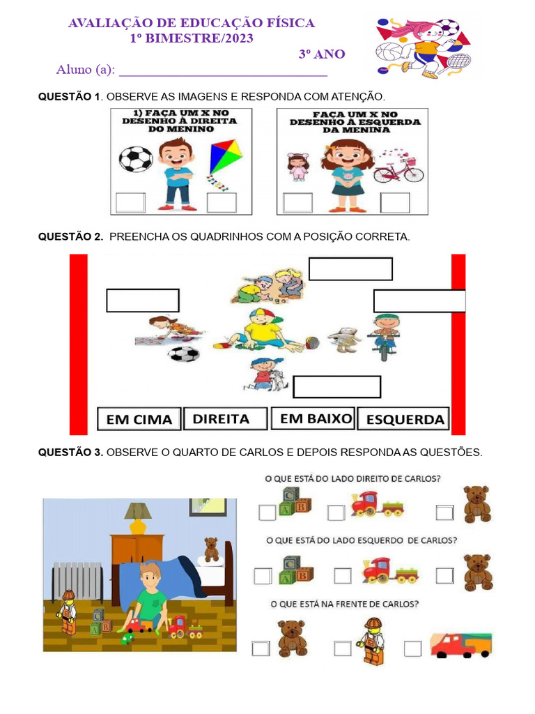 Avaliação de Educação Física 1º Bimestre - 3º Ano | PDF