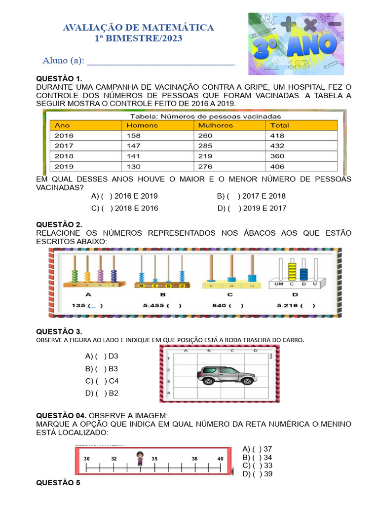 Avaliação de Matemática - 3º Ano - 1º Bimestre 2023 | PDF