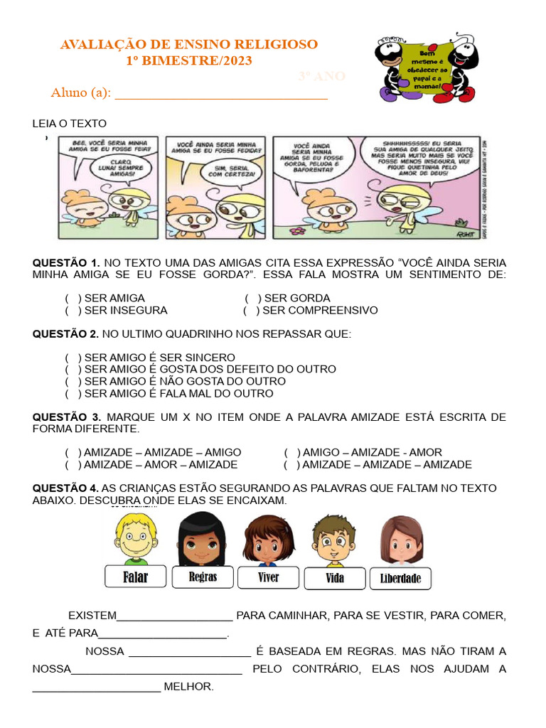 Avaliação de Ensino Religioso - 1º Bimestre 3º Ano | PDF | Amizade | Amor