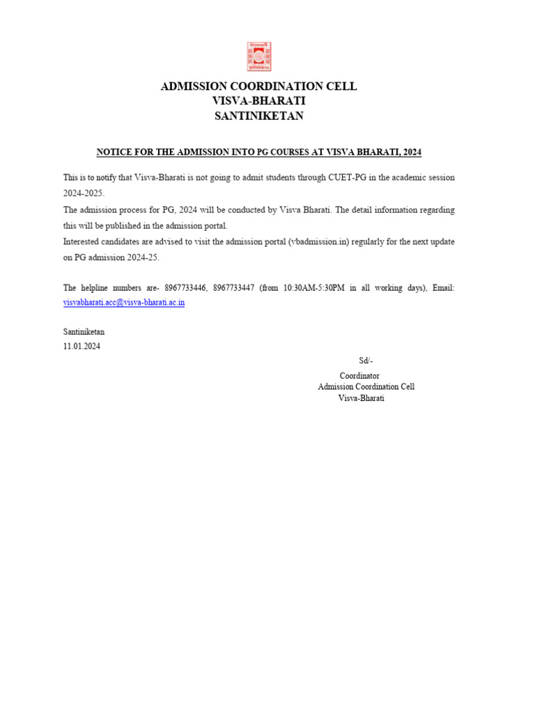 Notice For The Admission Into PG Courses at Visva Bharati, 2024 | PDF