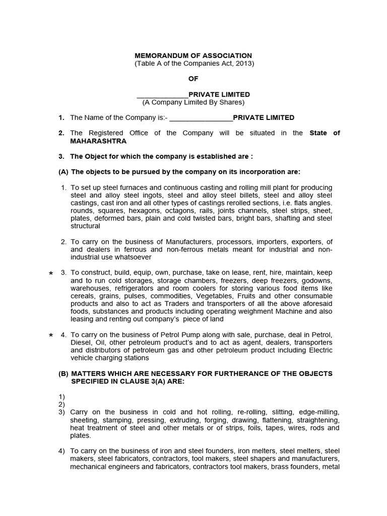 Memorandum of Association for Private Limited | PDF