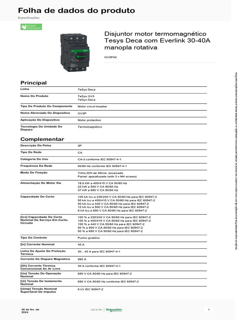 Schneider Electric - Disjuntor-motor-TeSys-Deca-frame-3 - GV3P40 | PDF