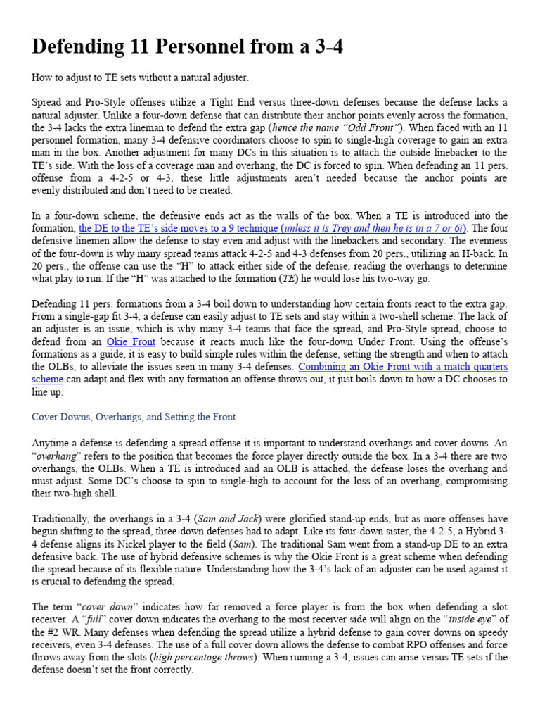 Defending 11 Personnel in 3-4 Defense | PDF | Sports | Gridiron Football
