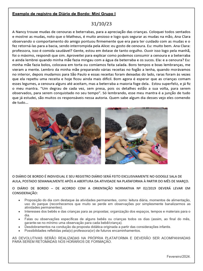 Registro de Diário de Bordo Infantil | PDF