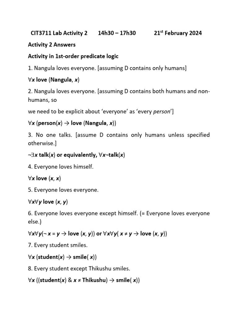 Predicate Logic Lab Activity Answers | PDF | Syntax (Logic) | Mathematics