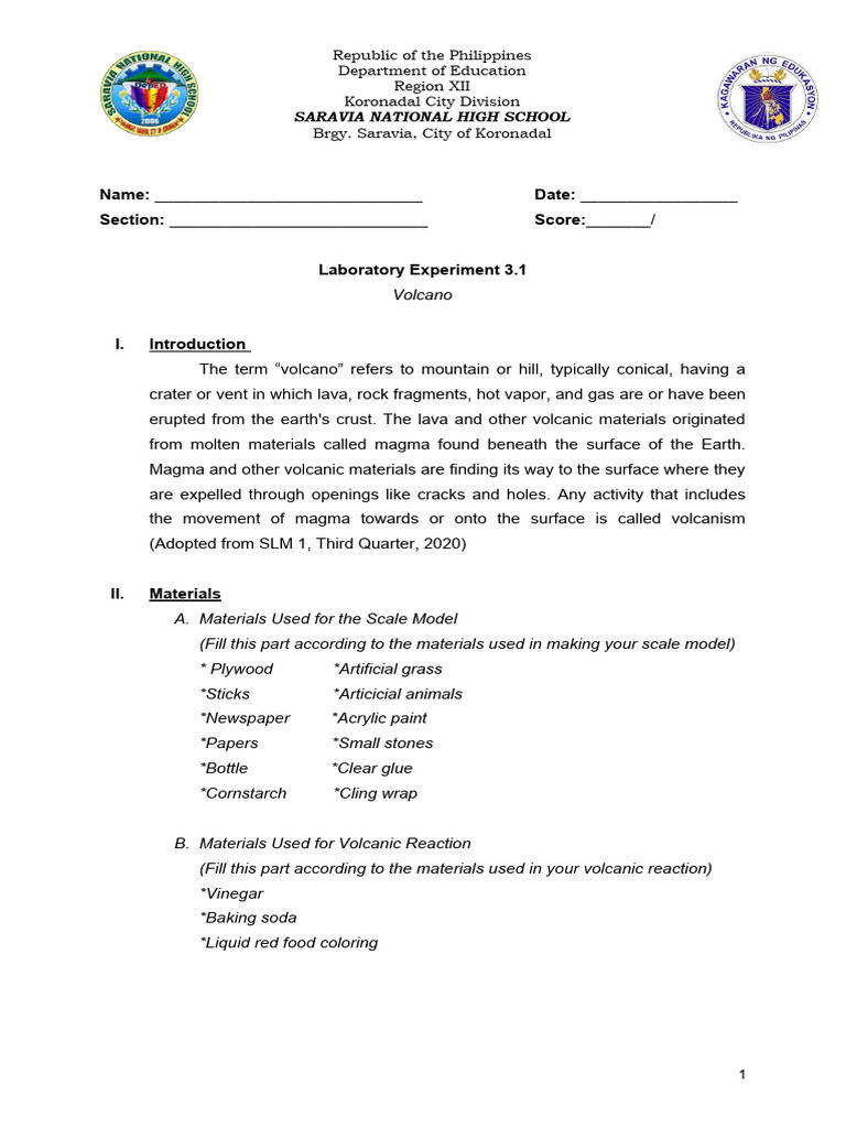 Volcano Experiment Report for Students | PDF | Volcano | Types Of ...