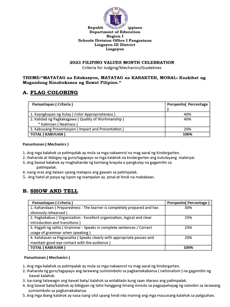 Filipino Values Month Criteria Mechanics | PDF