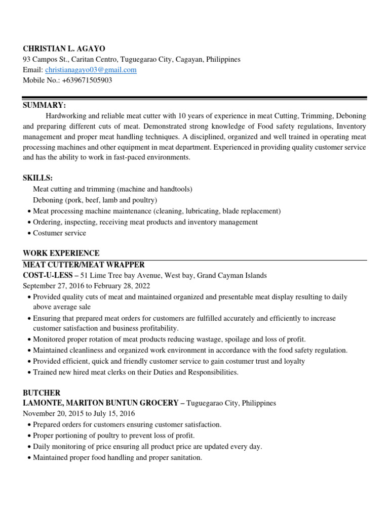 Experienced Meat Cutter Resume | PDF | Career & Growth | Cooking, Food ...