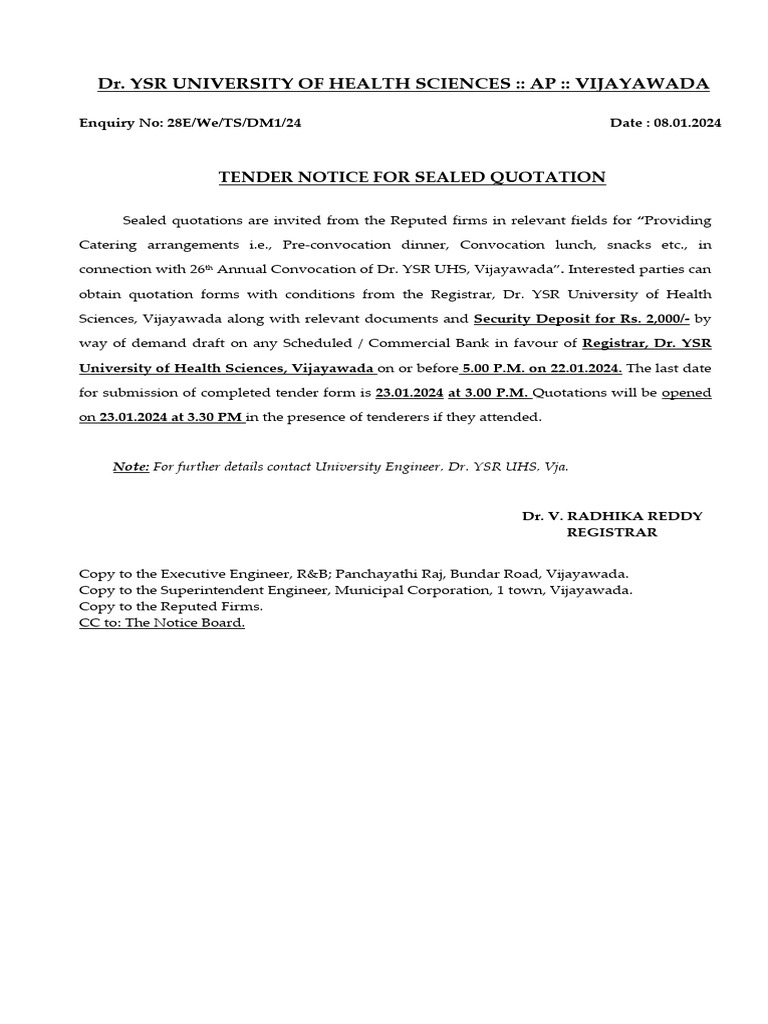 Dr. Ysr University of Health Sciences:: Ap:: Vijayawada: Tender Notice ...