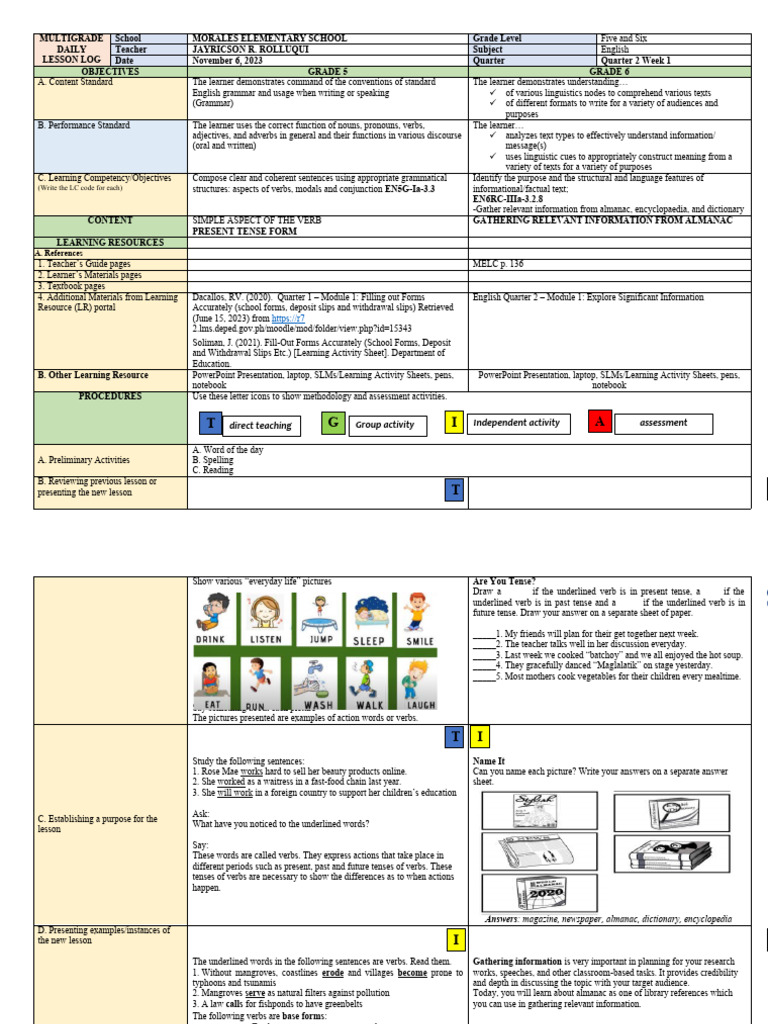Multigrade English Lesson Plan for Grades 5-6 | PDF | English Language ...