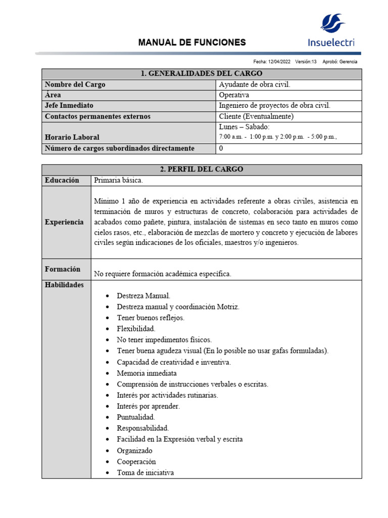 Manual de Funciones Obra Civil - Ayudante | PDF