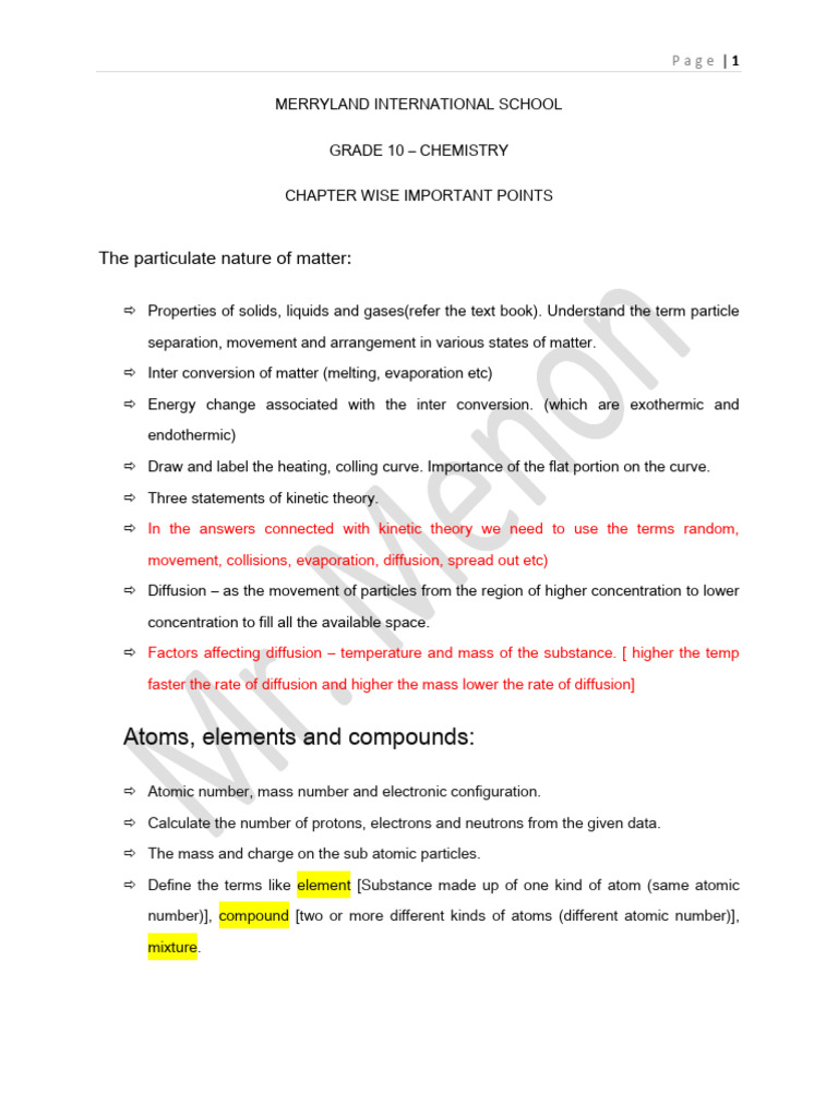Imp Points Grade 10 - 2024 | PDF | Reaction Rate | Chemical Reactions