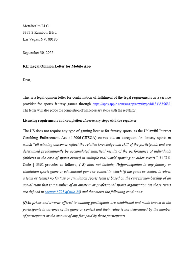 Legal Opinion Letter For Mobile App | PDF