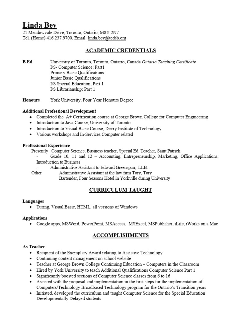 Linda Resume 2023 PDF Software Teachers