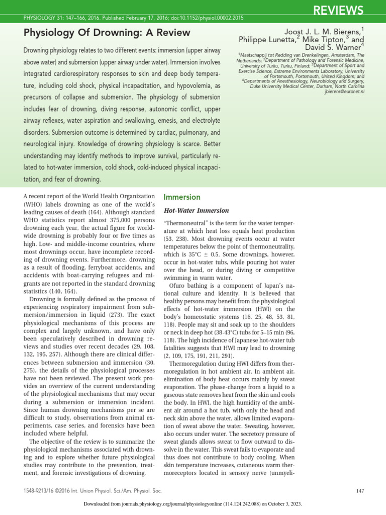 Drowning Physiology: Immersion and Submersion | PDF