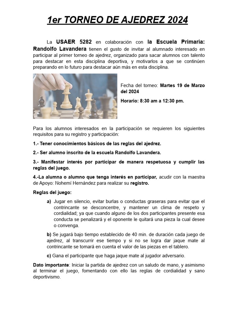 1er TORNEO DE AJEDREZ 2024 | PDF