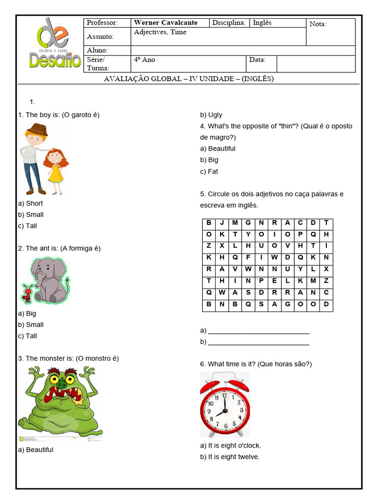 Prova de Inglês 4º Ano: Adjetivos e Horas | PDF