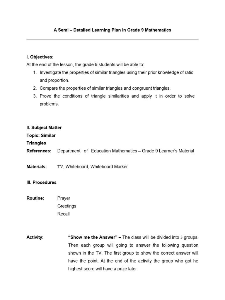 Grade 9 Mathematics: Similar Triangles Guide | PDF | Triangle | Shape