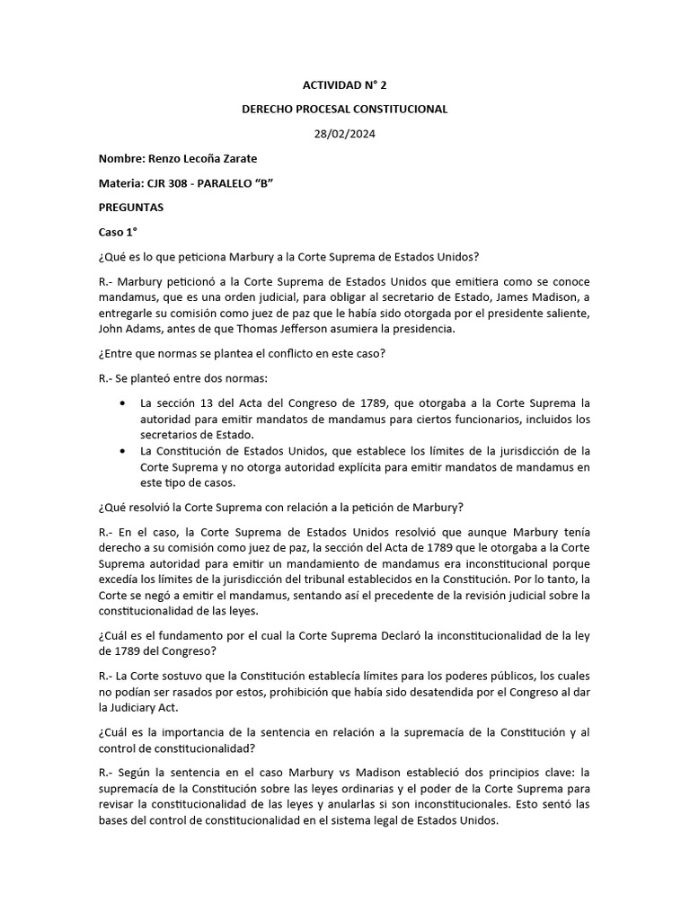 Análisis del Caso Marbury vs Madison | PDF | Ley politica | Justicia