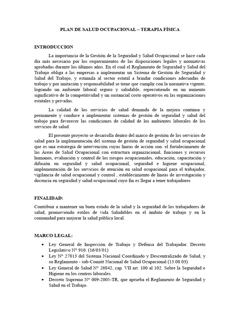 Plan de Salud Ocupacional en Terapia Física | PDF | Seguridad y salud ...