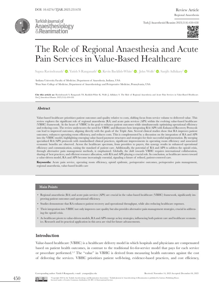 The Role of Regional Anaesthesia and Acute Pain Services in Value-Based ...