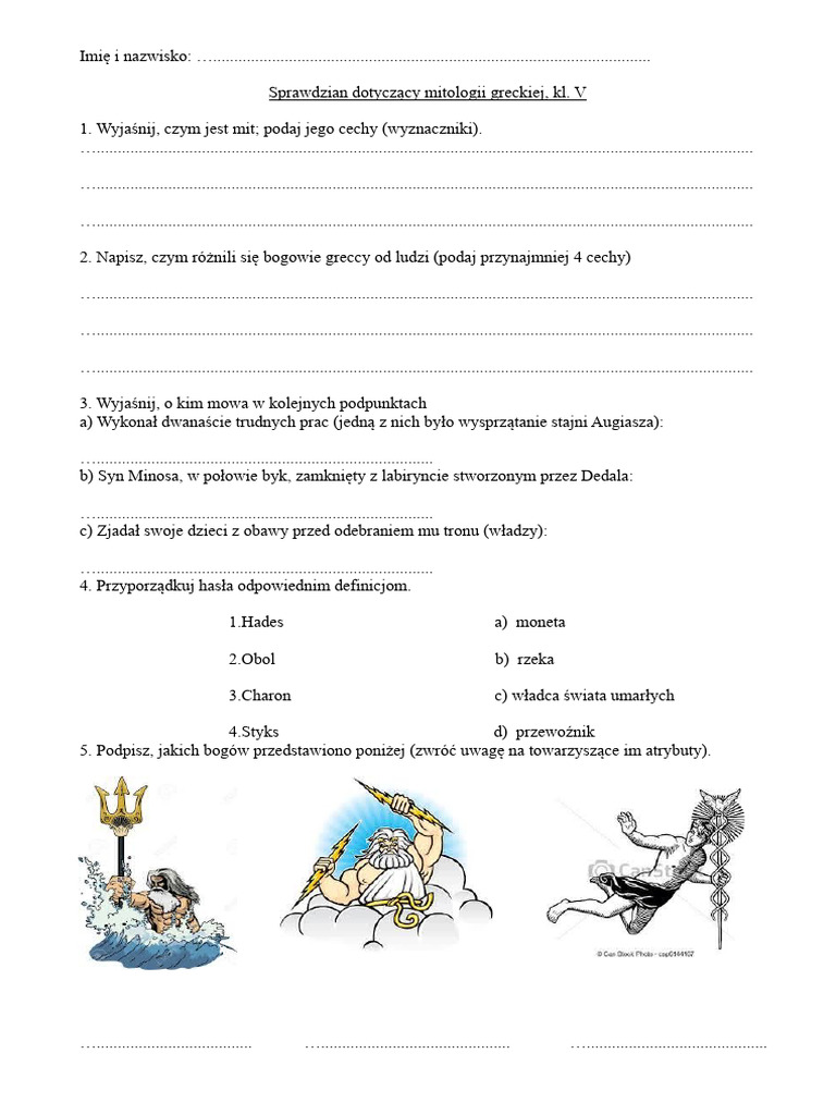 Test Z Mitologii Klasa 5 Mitologia. Sprawdzian, Klasa V | PDF