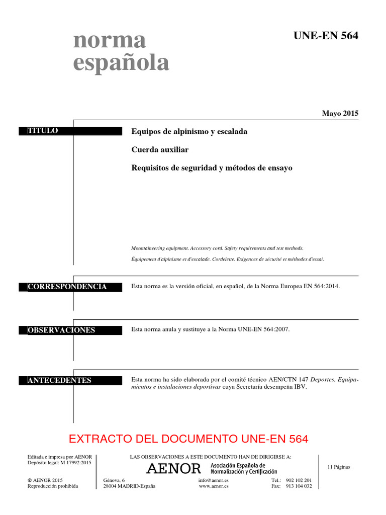 Requisitos de cuerdas auxiliares EN 564 | PDF | Tecnología