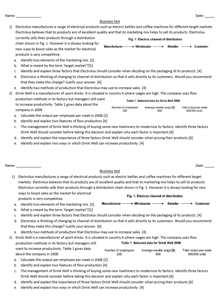Electrolux and Drink Well Business Test | PDF