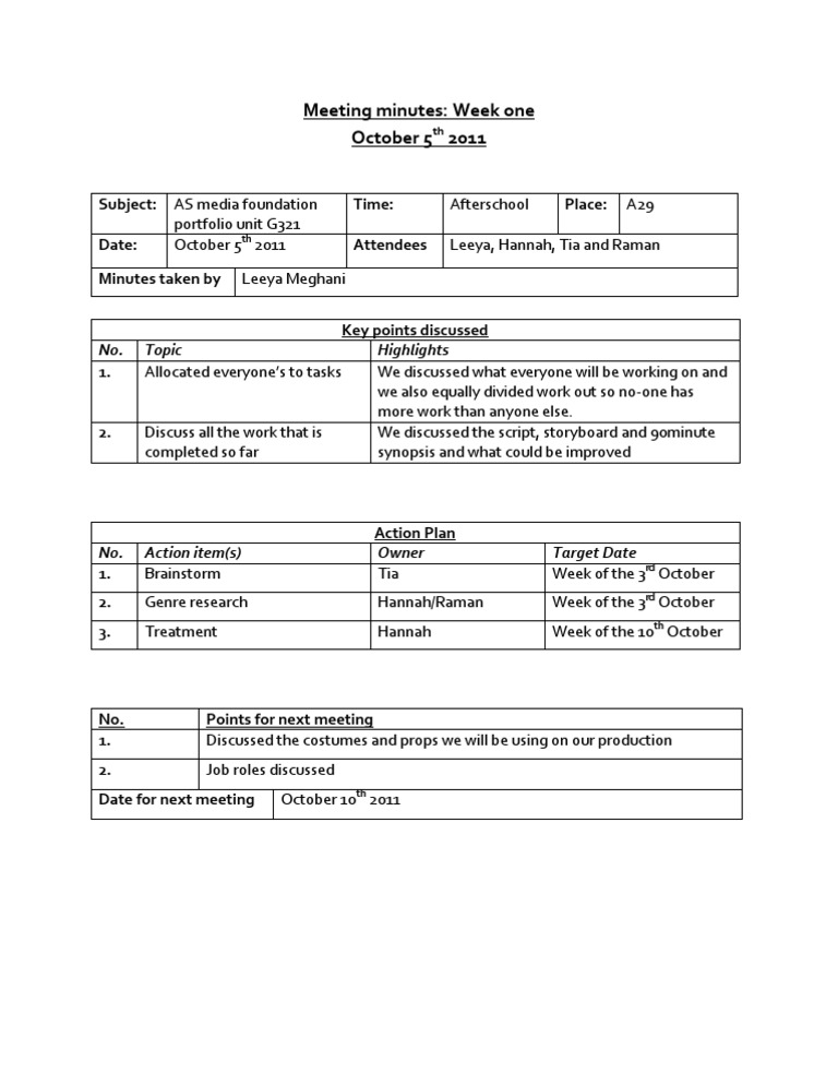 Meeting Minutes - Week One 2 | PDF | Career & Growth