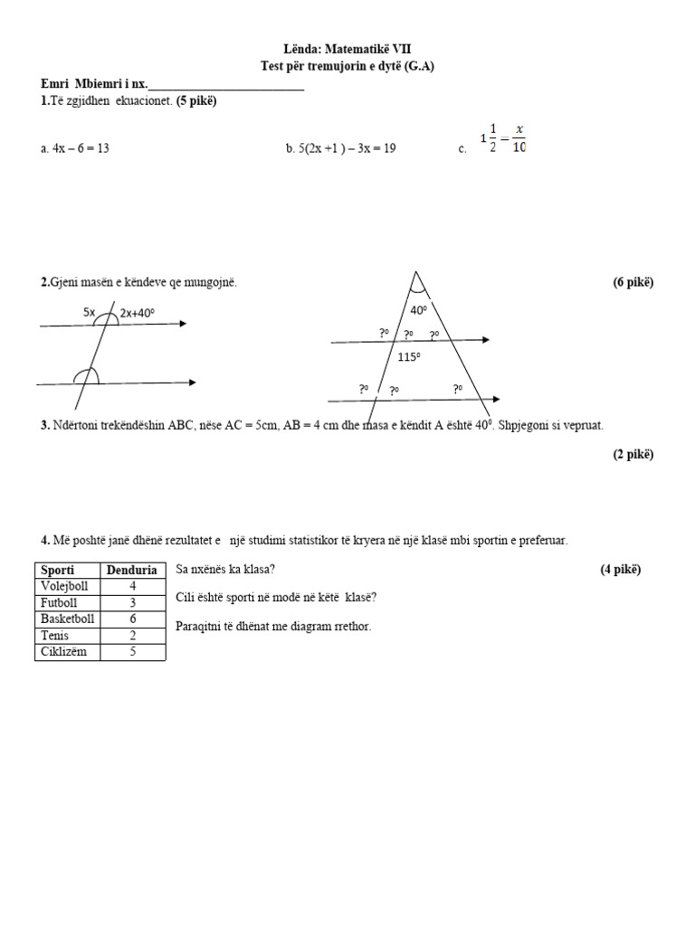 Test Tremujori I Dyte Mat KL 7 | PDF