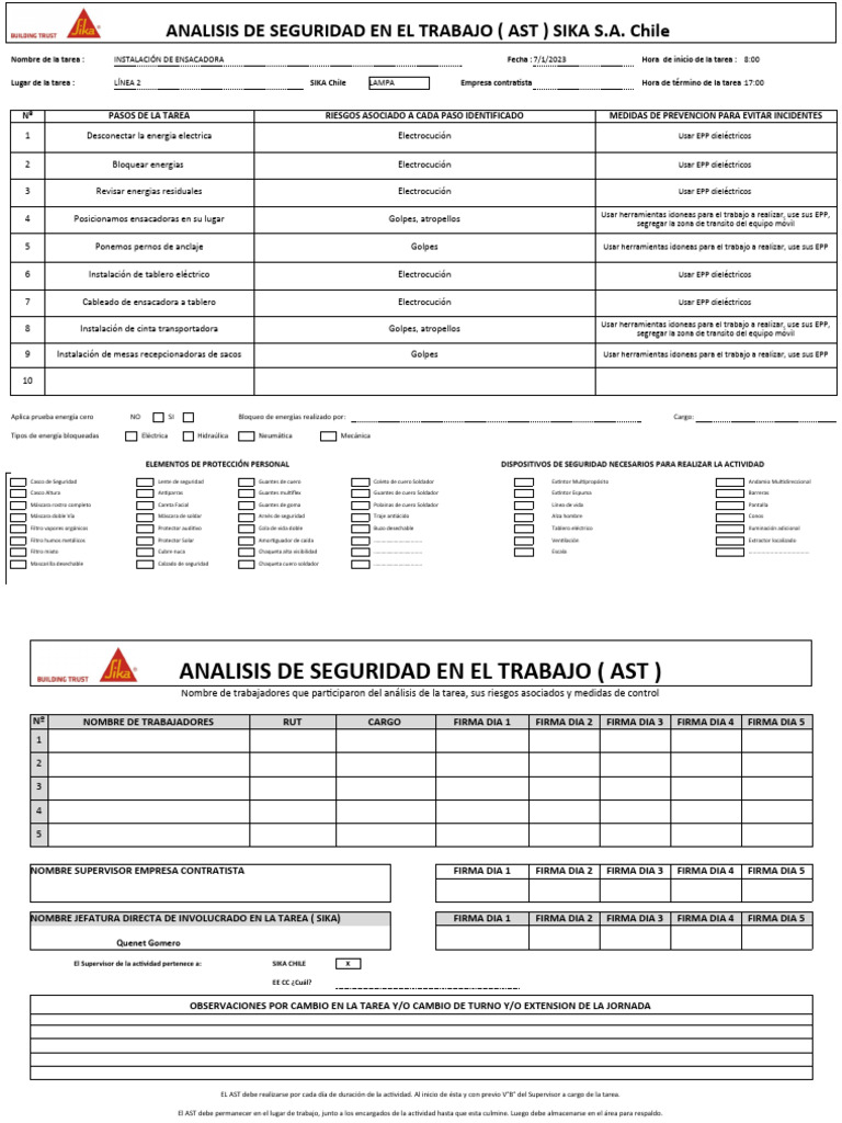 FORMATO AST Instalar Ensacadoras | PDF | Soldadura | Construcción