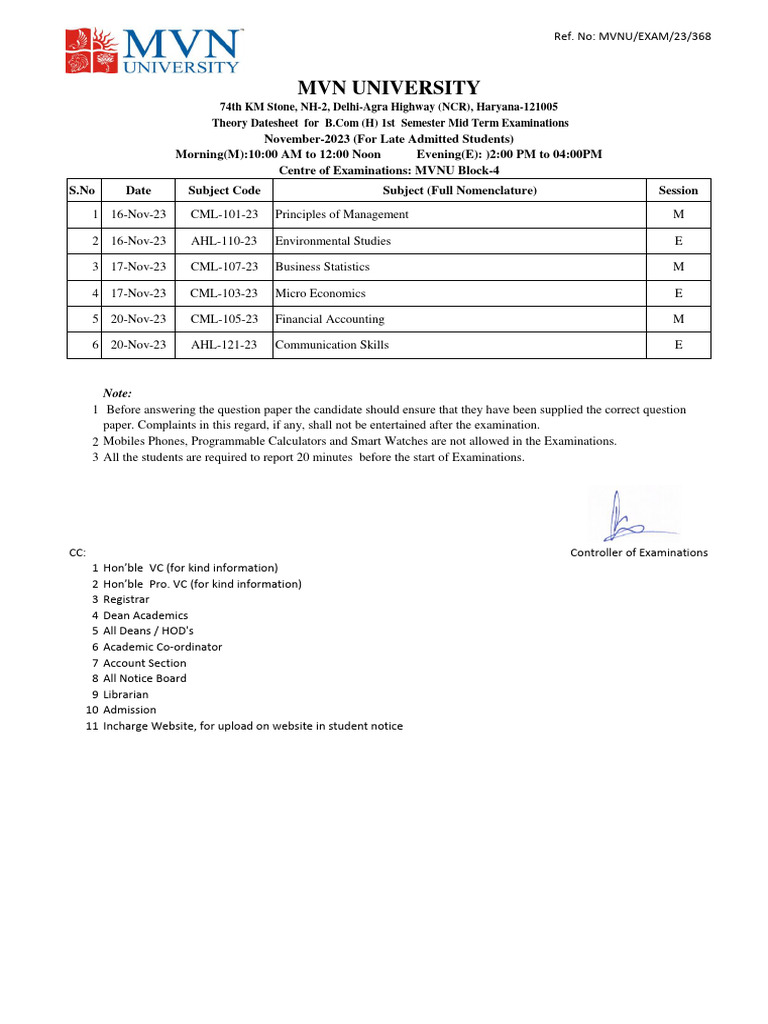 (H) ., BBA & MBA 1st Sem. Date Sheet Nov. 2023 (For Late Admitted
