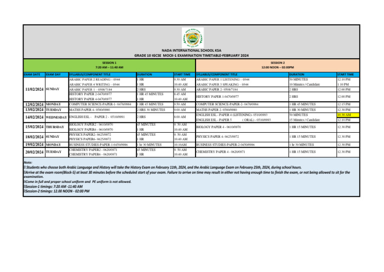 Grade 10 Igcse Mock-1 Examination Timetable-February 2024 | PDF