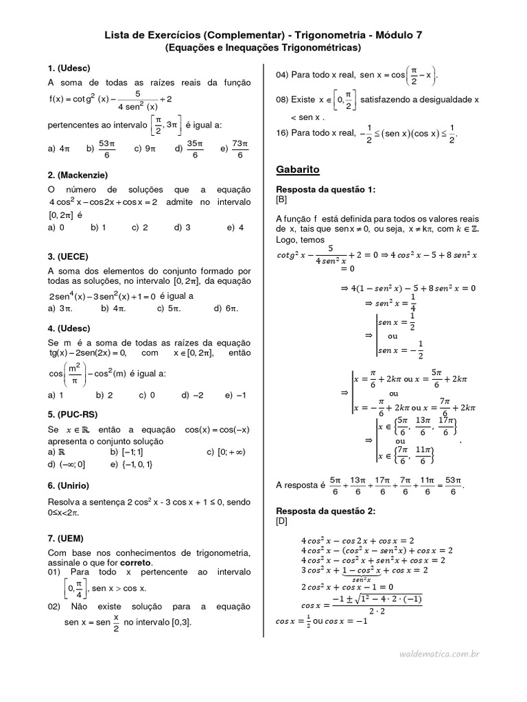 Lista Complementar - Trigo-Mod7-Equações e Inequações Trigonométricas ...