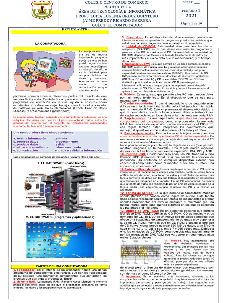 GUÍA TALLER EL COMPUTADOR 6o | PDF | Almacenamiento de datos de la ...