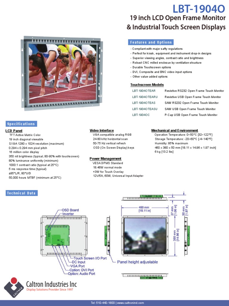 Lbt 1904o Caltron 19 Inch Lcd Open Frame Monitor And Industrial Touch