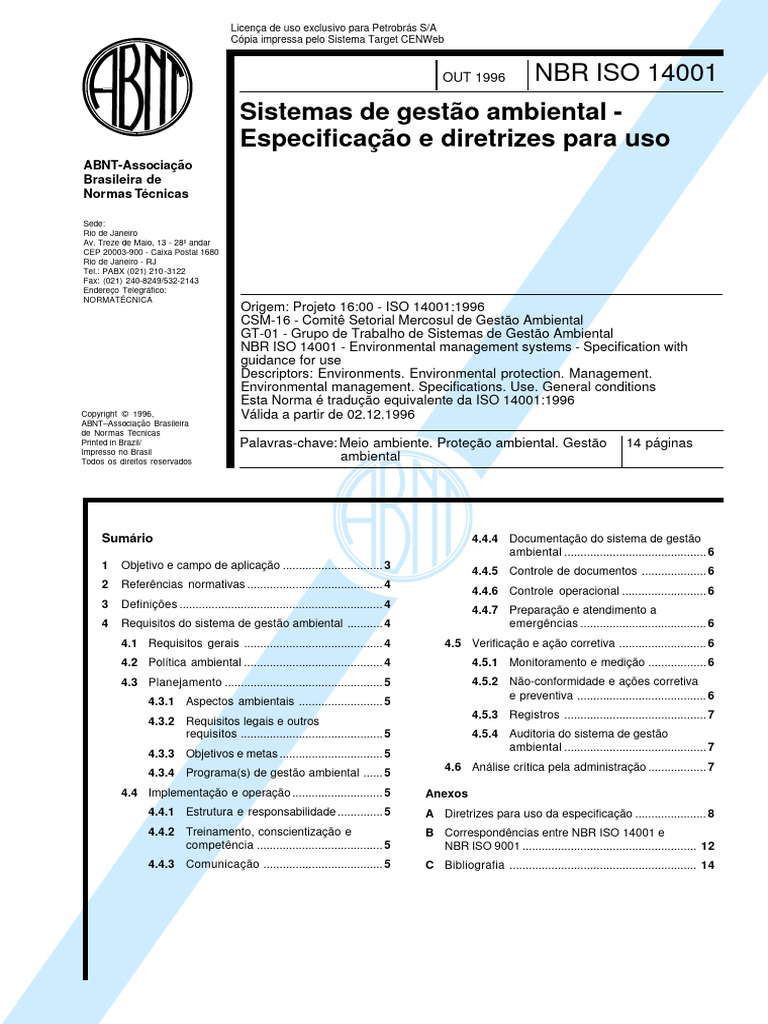 Abnt Iso NBR 14001 1996 | PDF | ISO 9000 | Gestão de recursos ambientais