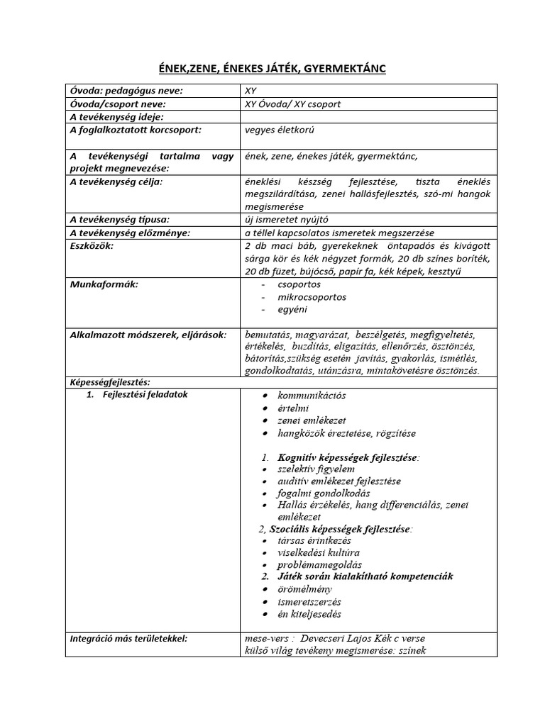 Foglalkozás Tervezet - Ének, Zene, Énekes Játék | PDF