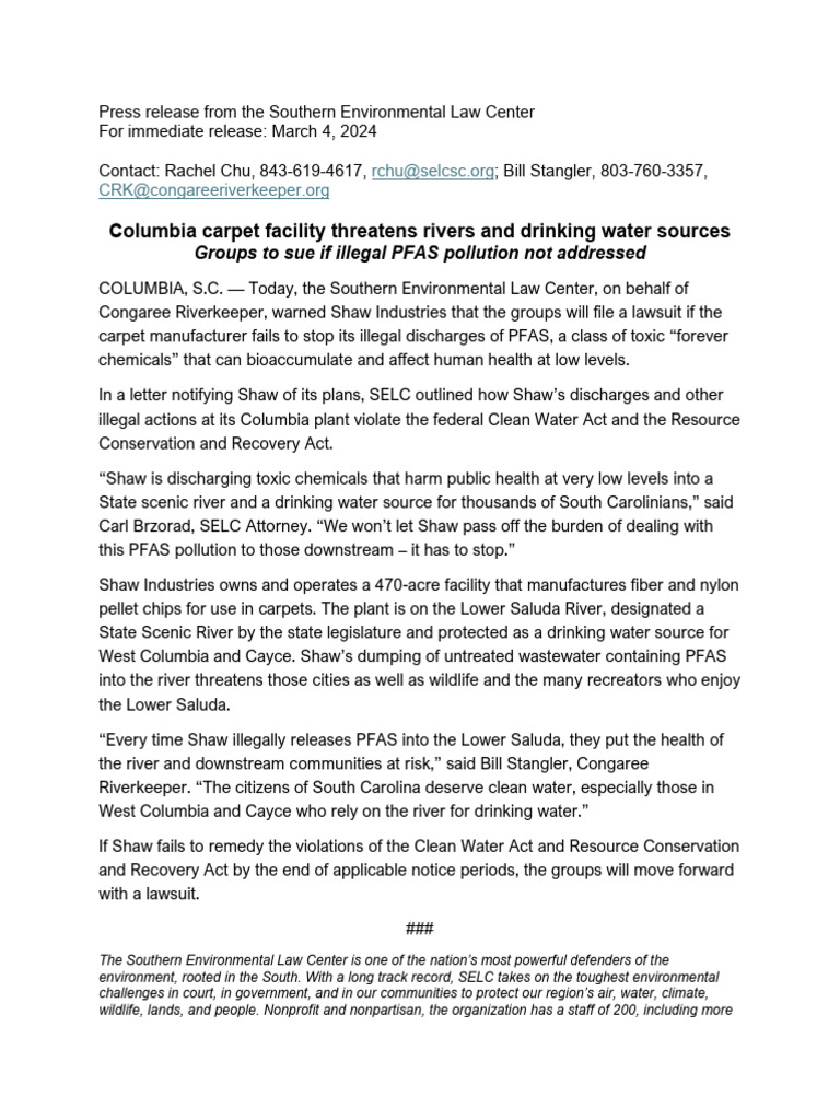 Shaw pfas press release 3 4 2024 pdf