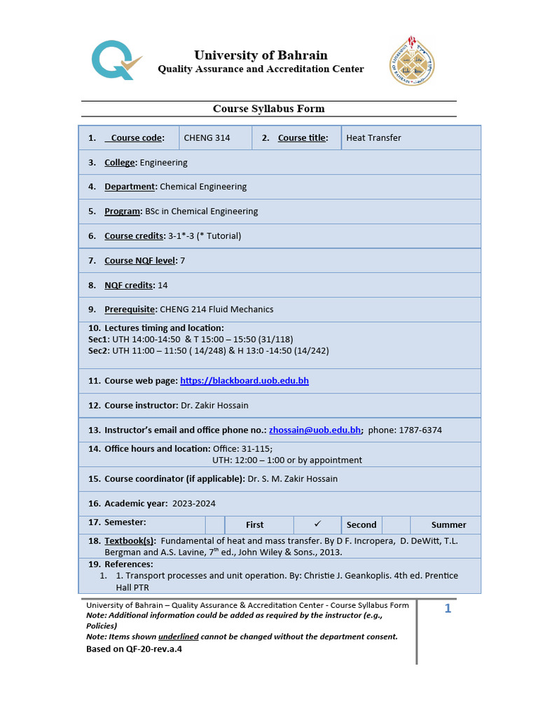 Heat Transfer Course Syllabus CHENG 314 | PDF | Heat Transfer | Thermal ...