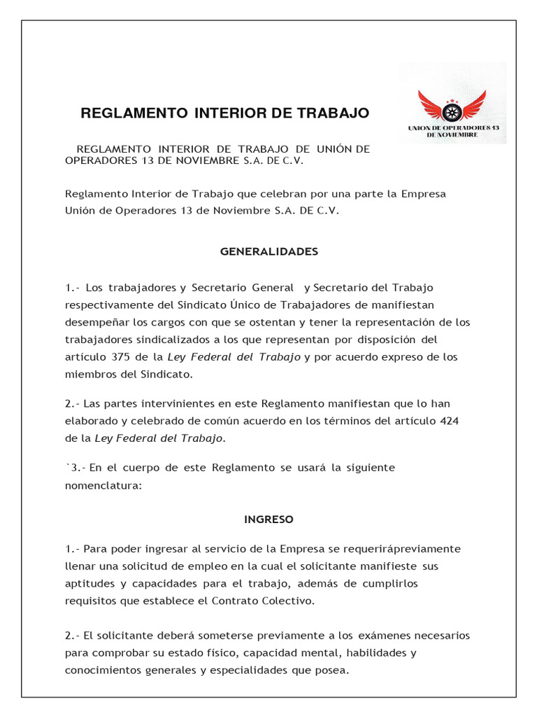 REGLAMENTO INTERIOR DE TRABAJO | PDF