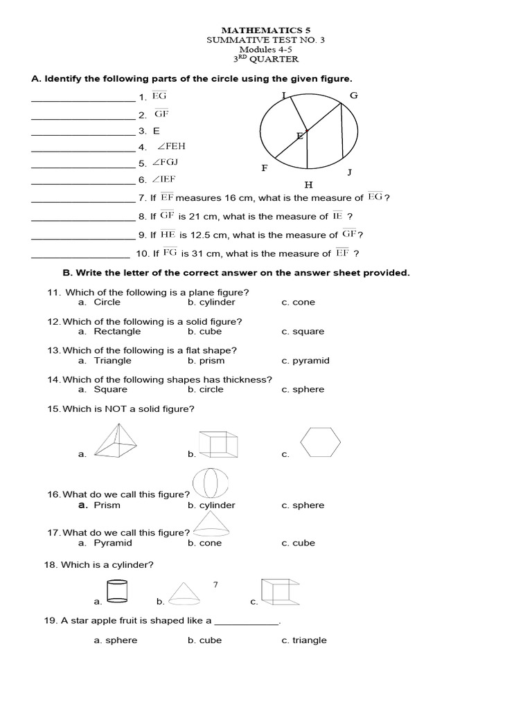Circle and Solid Figures Test 3 | PDF